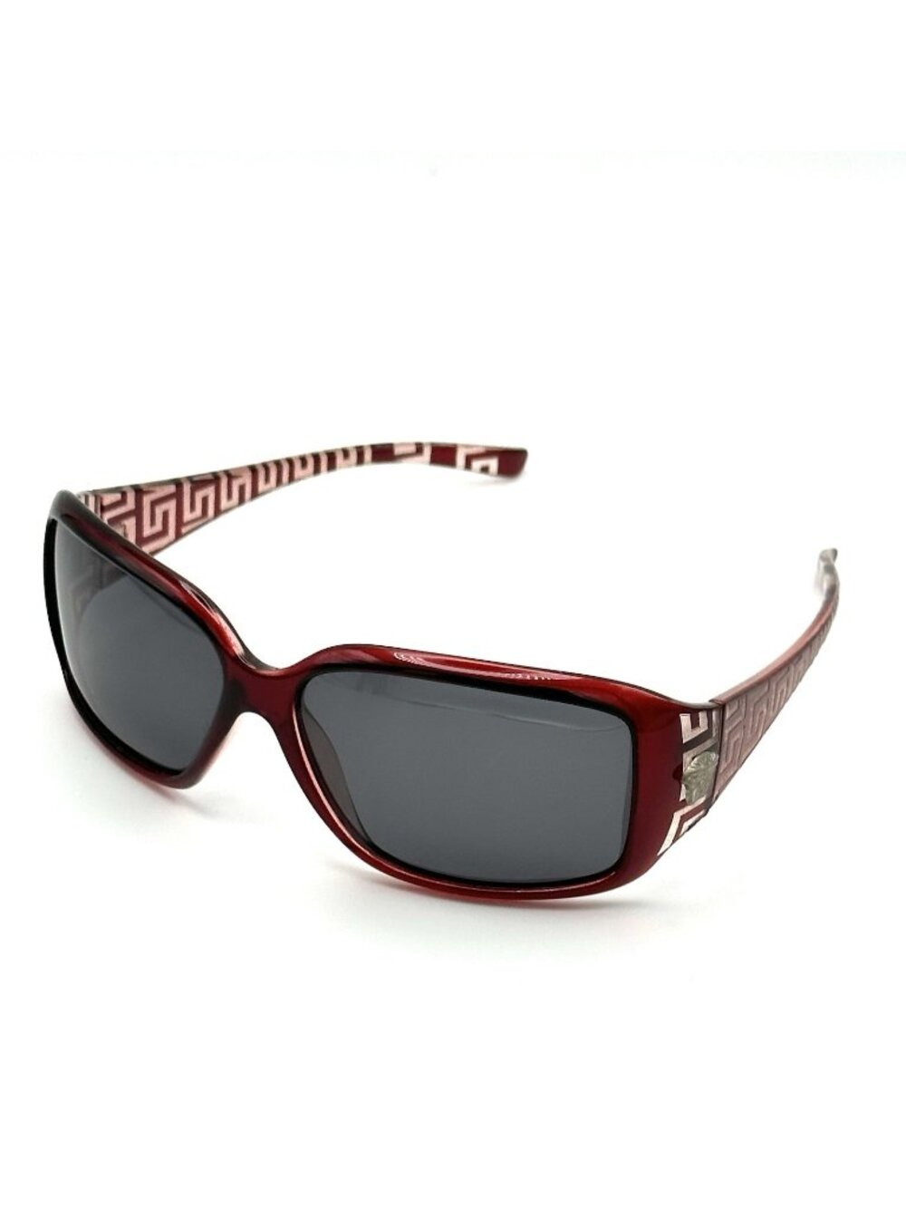 Fashion Rectangular Sunglasses Deep Burgundy Oxblood Frames Temple Medallion